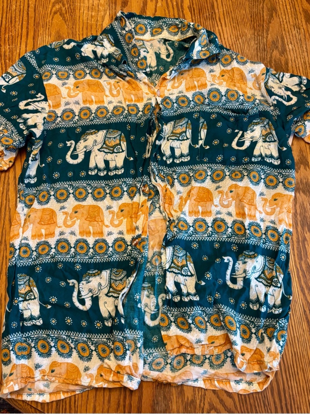 EARTHBOUND Teal and Mustard Elephant Print Button-Down Shirt